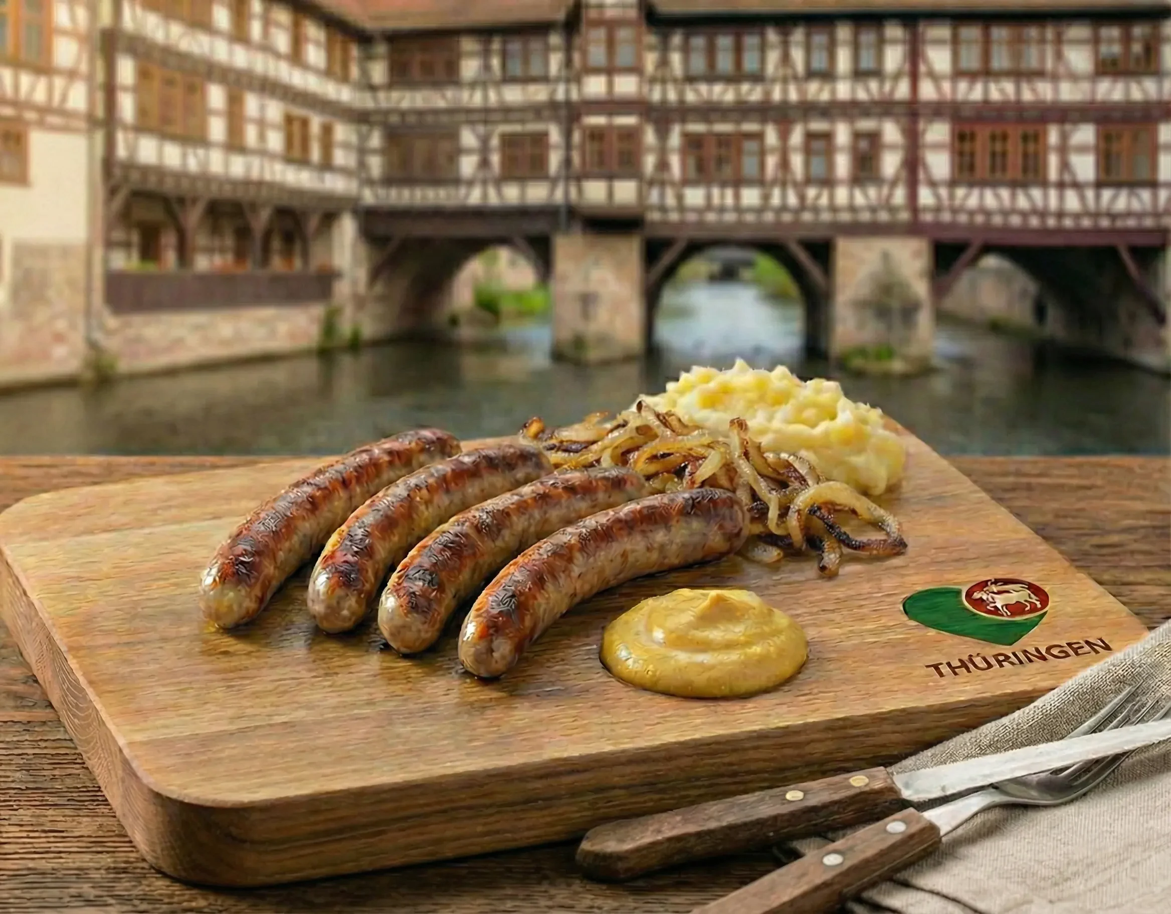 Gebratene Thüringer Rostbratwürste mit Zwiebeln, Senf und Kartoffelbrei auf einem Holzbrett, im Hintergrund Fachwerkhäuser an einer Brücke in Thüringen.